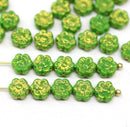 6mm Green gold wash daisy flower czech glass beads, 30pc