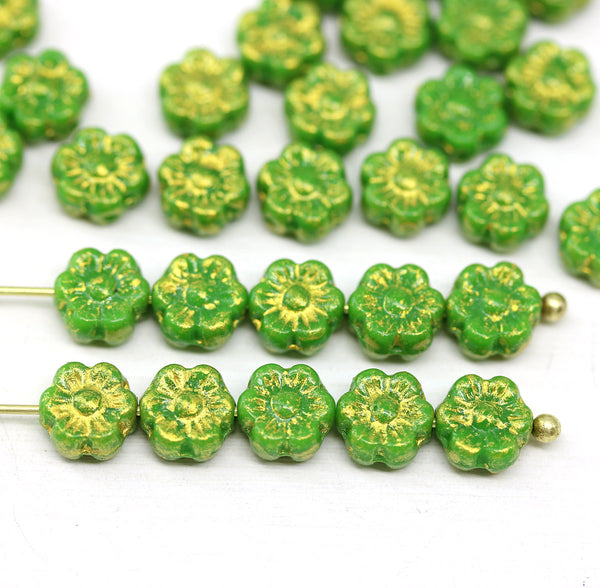 6mm Green gold wash daisy flower czech glass beads, 30pc