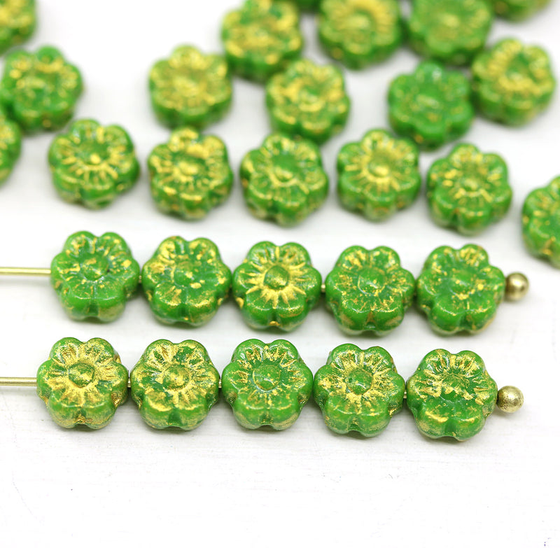 6mm Green gold wash daisy flower czech glass beads, 30pc