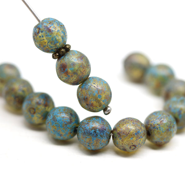 8mm Picasso blue round druk Czech glass pressed beads