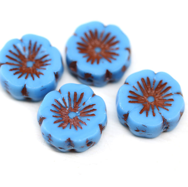 14mm Blue pansy flower, Czech glass flat daisy