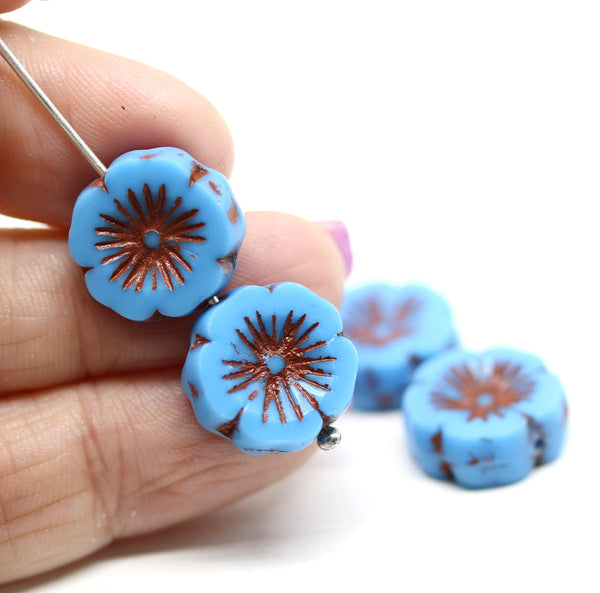 14mm Blue pansy flower, Czech glass flat daisy