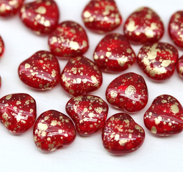 8mm Red heart Czech glass pressed beads Gold wash