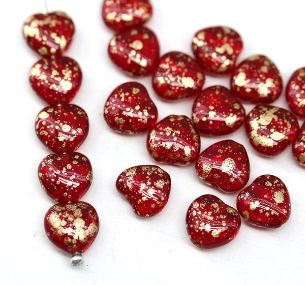 8mm Red heart Czech glass pressed beads Gold wash
