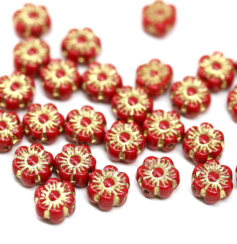 6mm Red gold daisy flower czech glass beads, 30pc
