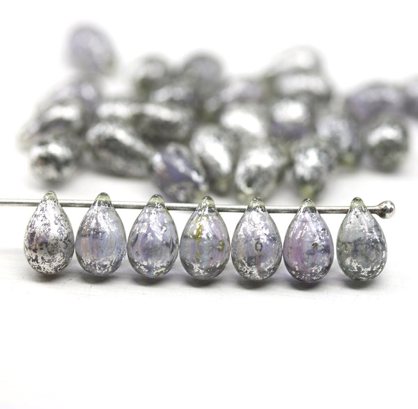 6x9mm Pale purple silver wash czech glass teardrop beads