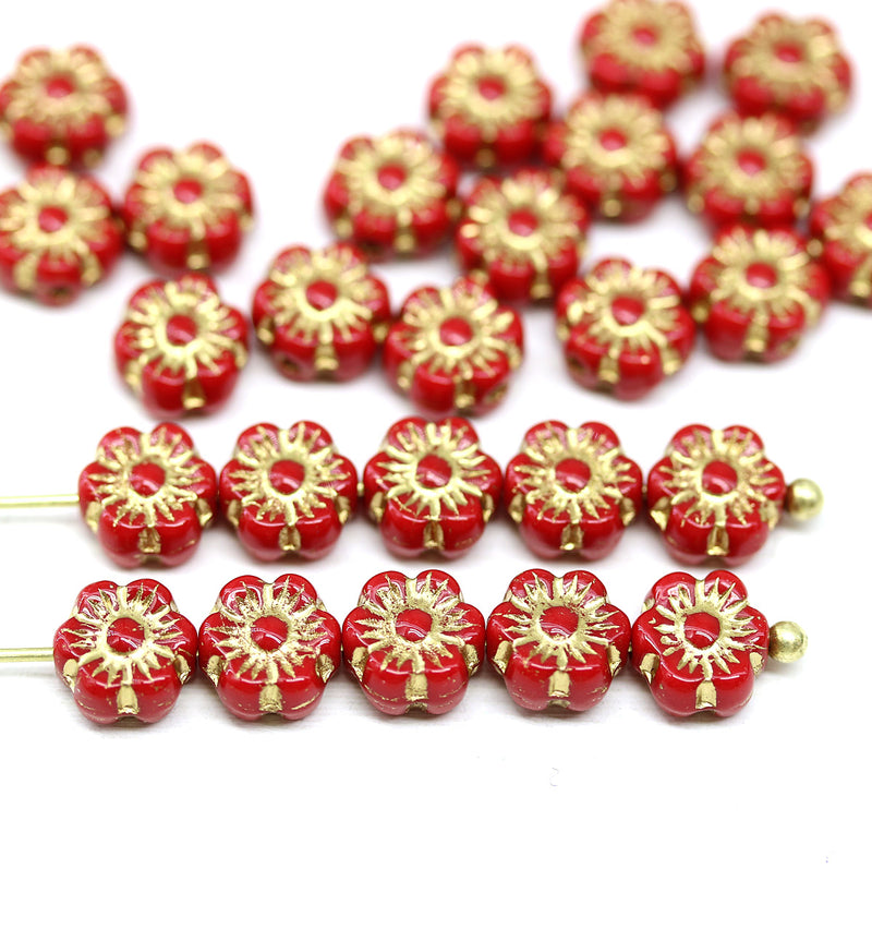 6mm Red gold daisy flower czech glass beads, 30pc