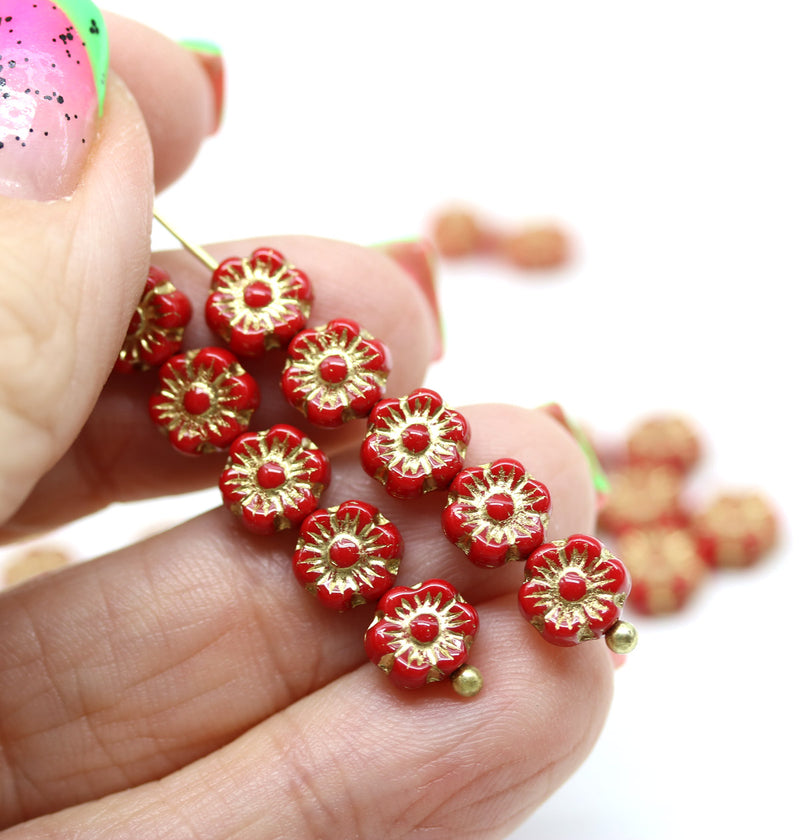 6mm Red gold daisy flower czech glass beads, 30pc