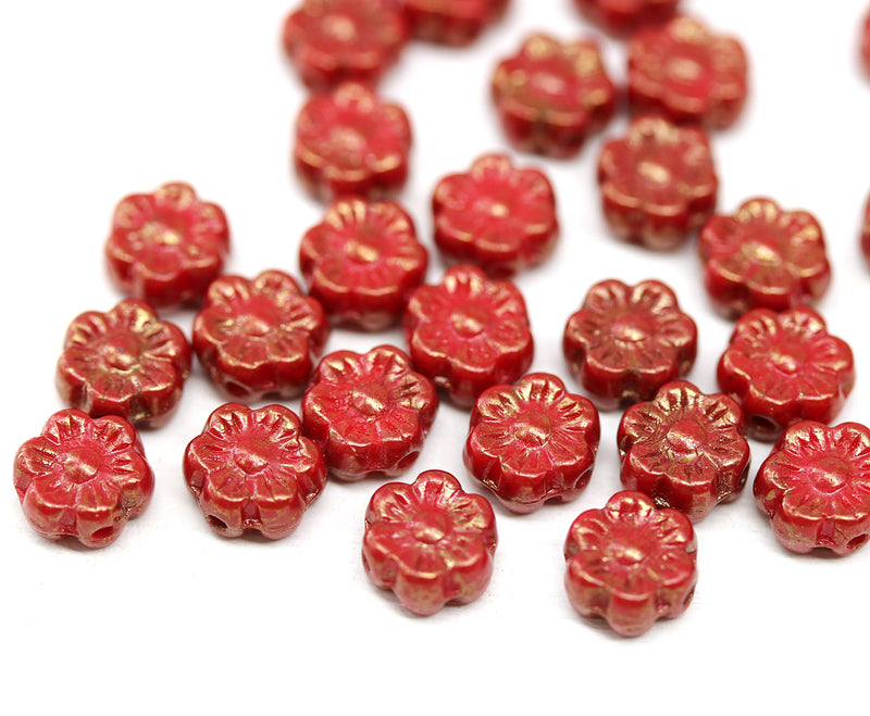 6mm Red luster daisy flower czech glass beads, 30pc