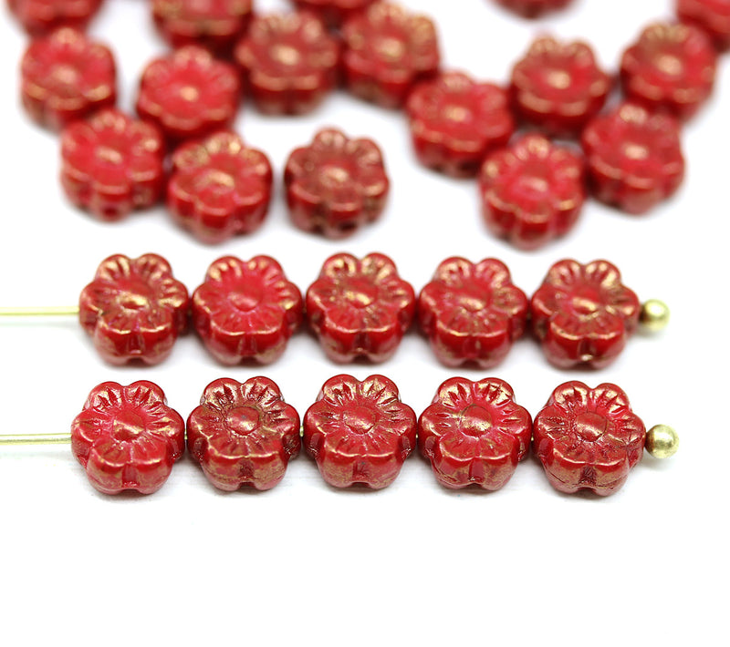 6mm Red luster daisy flower czech glass beads, 30pc