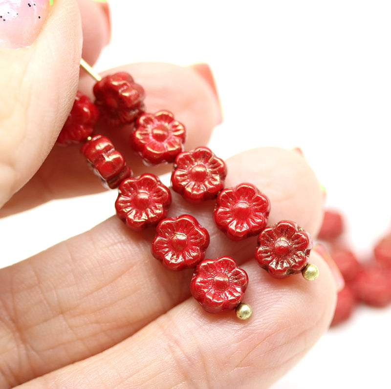 6mm Red luster daisy flower czech glass beads, 30pc