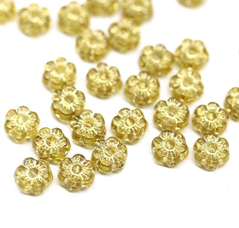 6mm Yellow gold inlays daisy flower czech glass beads, 30pc