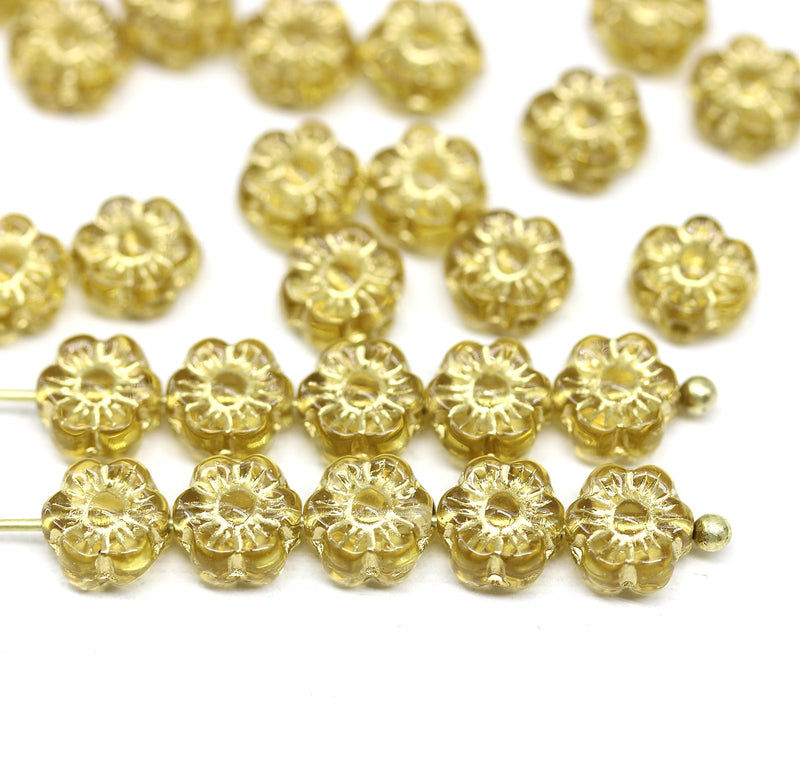 6mm Yellow gold inlays daisy flower czech glass beads, 30pc