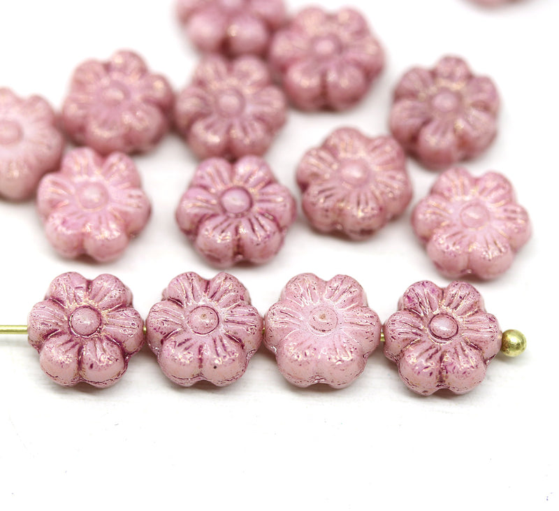 8mm Pink daisy flower czech glass beads, 15pc