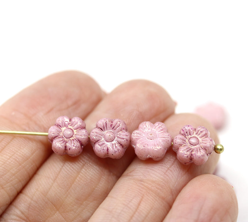 8mm Pink daisy flower czech glass beads, 15pc