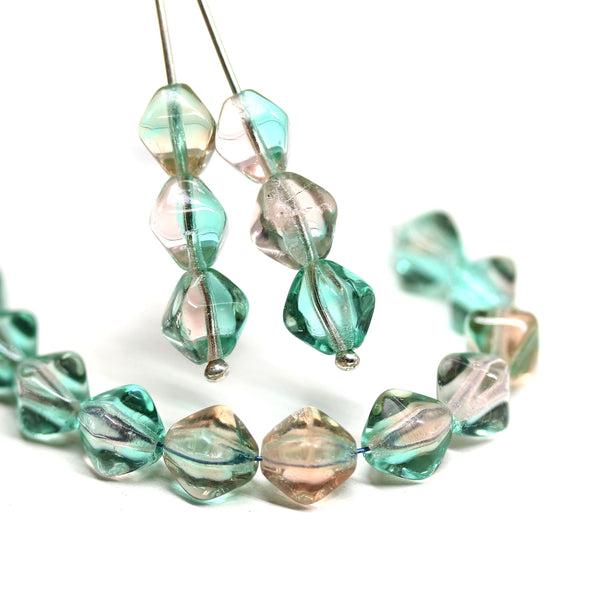 8mm Green peach bicone czech glass pressed beads, 20Pc