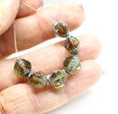 10x8mm Antique green czech glass fire polished picasso beads, 8Pc
