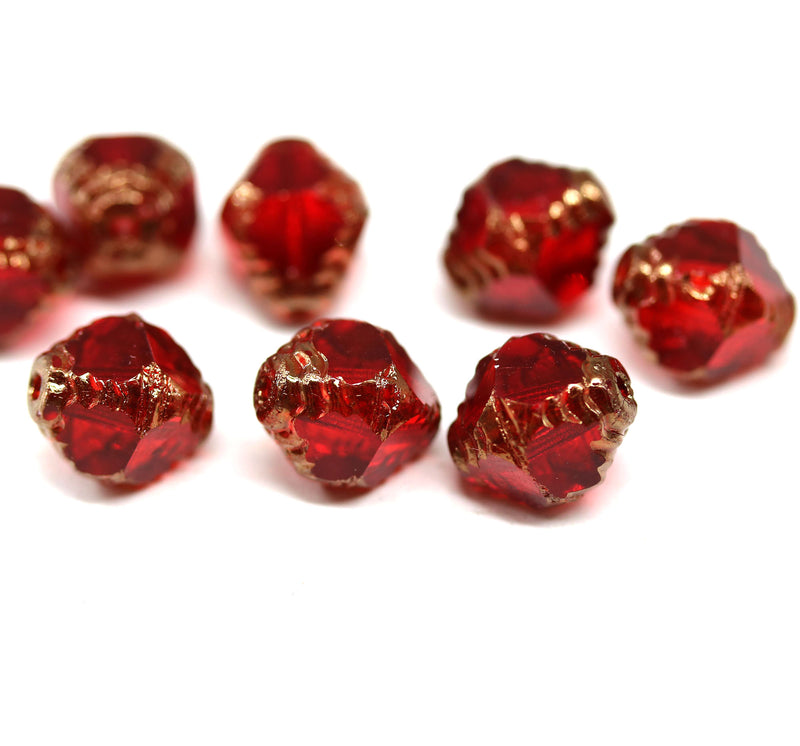 10x8mm Red czech glass fire polished beads gold ends, 8Pc