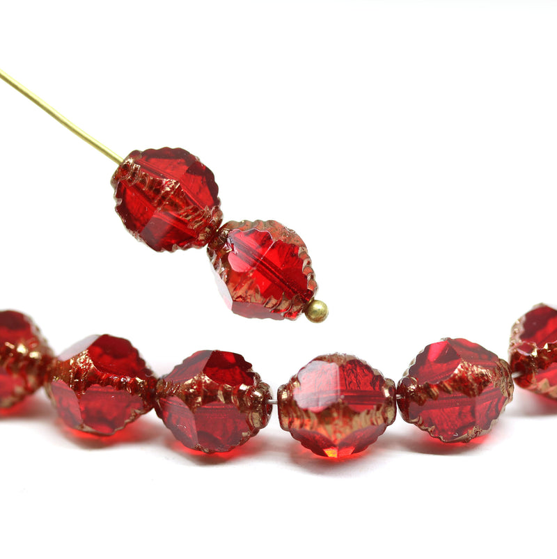 10x8mm Red czech glass fire polished beads gold ends, 8Pc