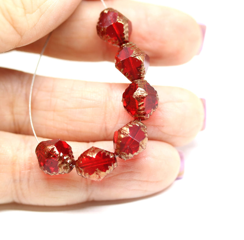 10x8mm Red czech glass fire polished beads gold ends, 8Pc