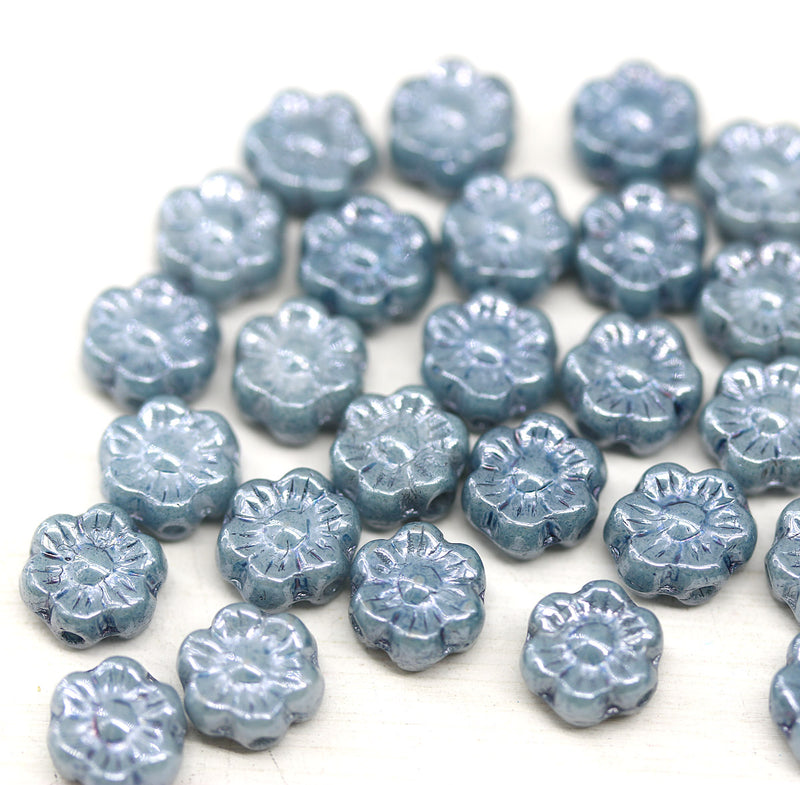 6mm Montana blue luster daisy flower czech glass beads, 30pc