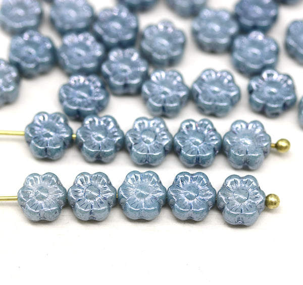 6mm Montana blue luster daisy flower czech glass beads, 30pc