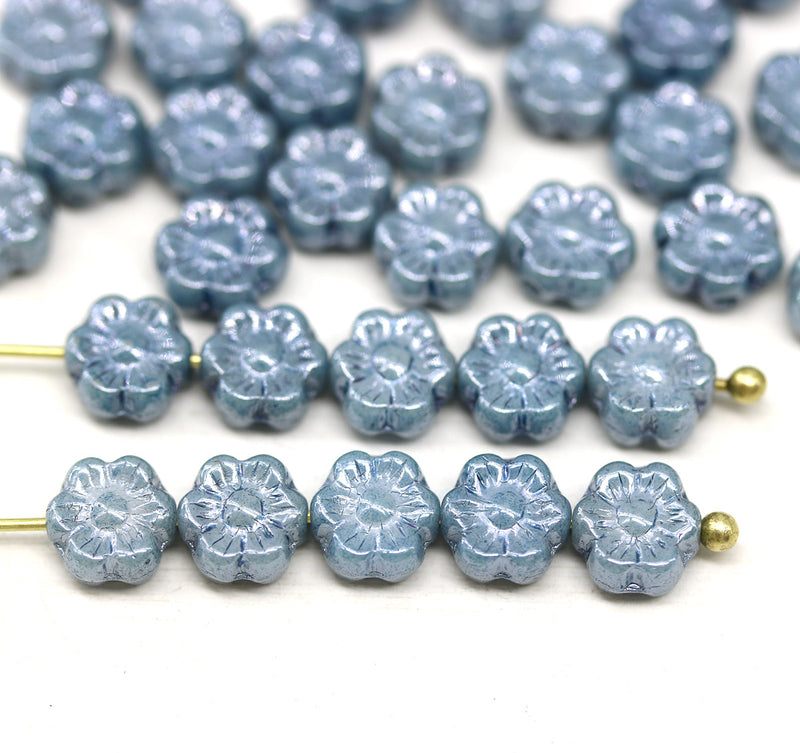 6mm Montana blue luster daisy flower czech glass beads, 30pc