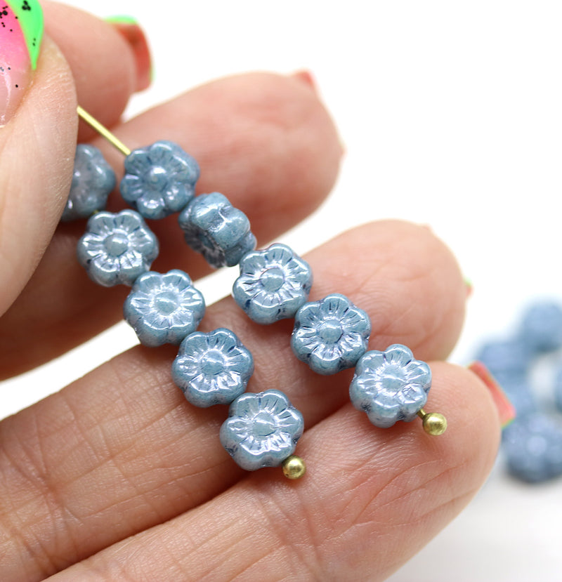 6mm Montana blue luster daisy flower czech glass beads, 30pc