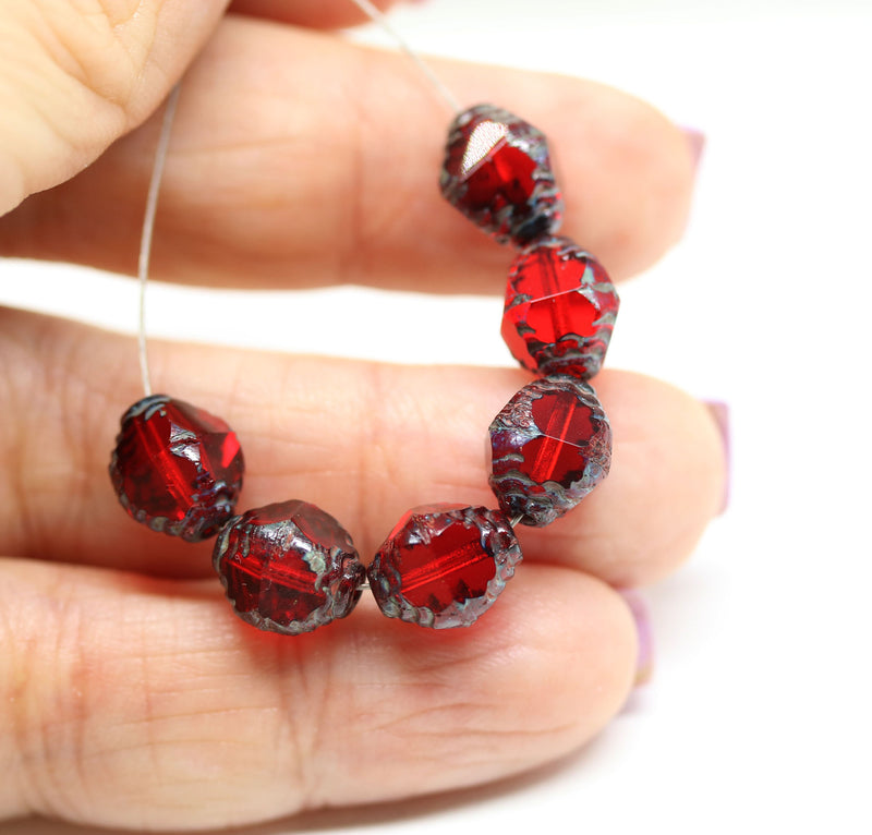 10x8mm Red czech glass fire polished beads picasso finish, 8Pc