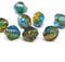 10x8mm Blue green yellow czech glass fire polished beads silver ends, 8Pc