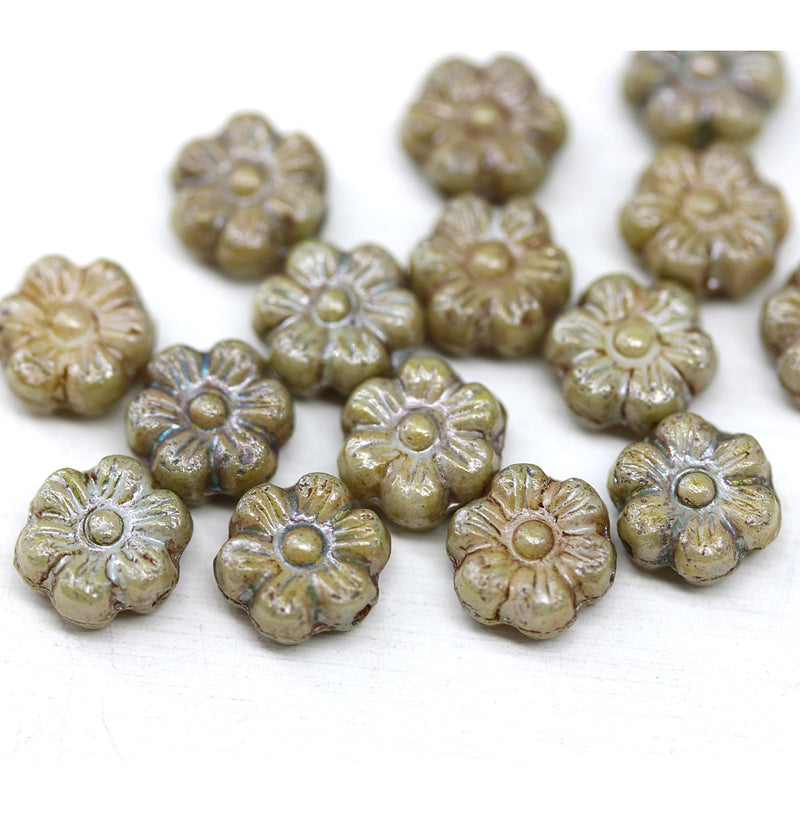 8mm Picasso daisy flower czech glass beads, golden inlays, 15pc
