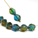 10x8mm Blue green yellow czech glass fire polished beads silver ends, 8Pc