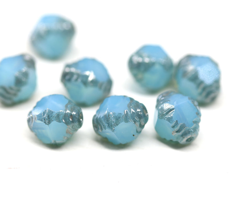 10x8mm Opal blue czech glass fire polished beads silver ends, 8Pc