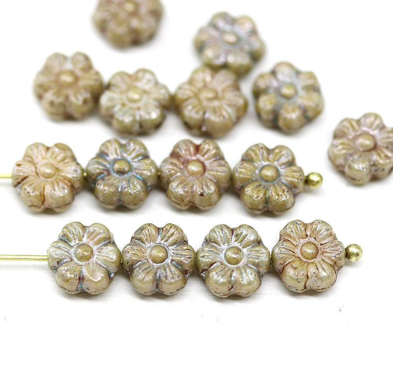 8mm Picasso daisy flower czech glass beads, golden inlays, 15pc