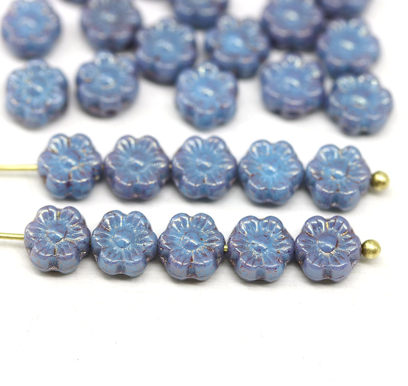 6mm Montana blue purple luster daisy flower czech glass beads, 30pc