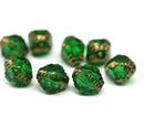 10x8mm Emerald green czech glass fire polished beads bronze ends, 8Pc