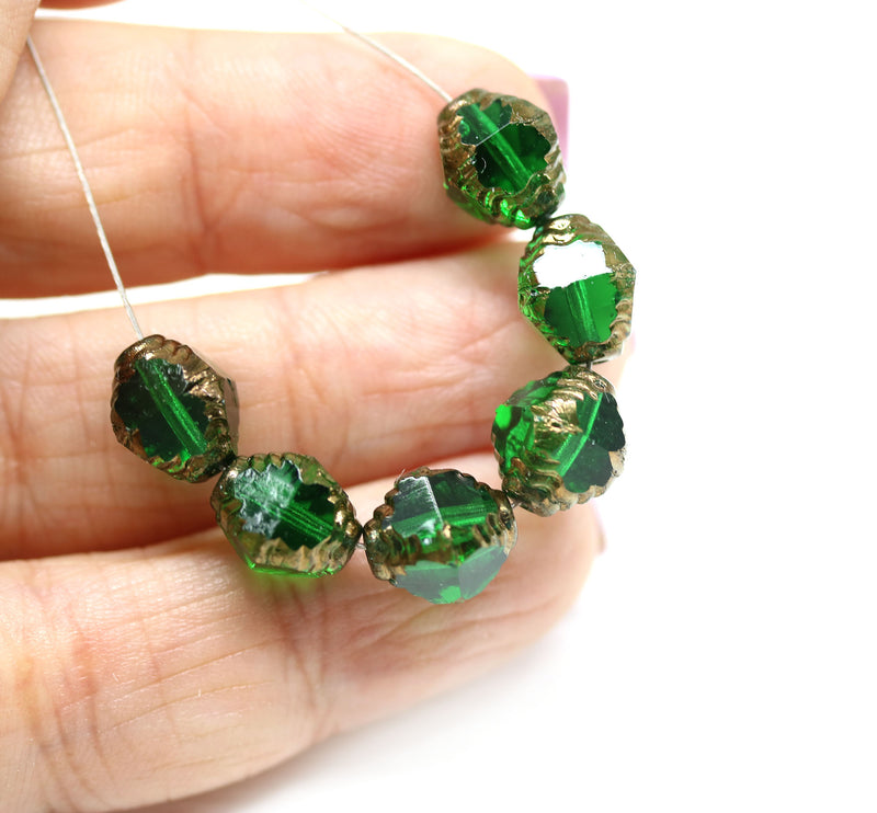10x8mm Emerald green czech glass fire polished beads bronze ends, 8Pc