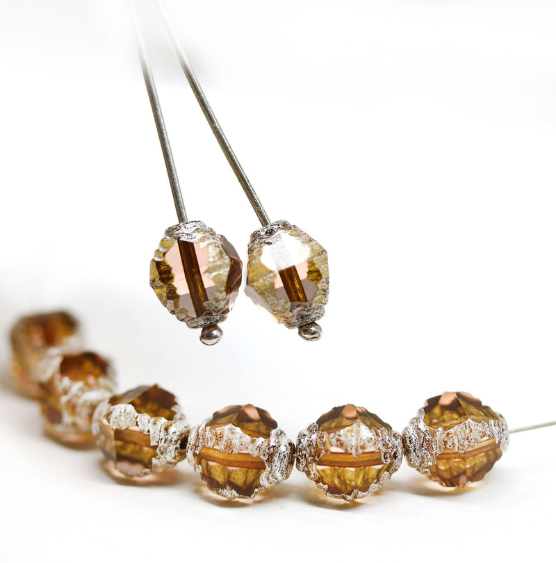 10x8mm Smokey topaz czech glass fire polished beads silver ends, 8Pc
