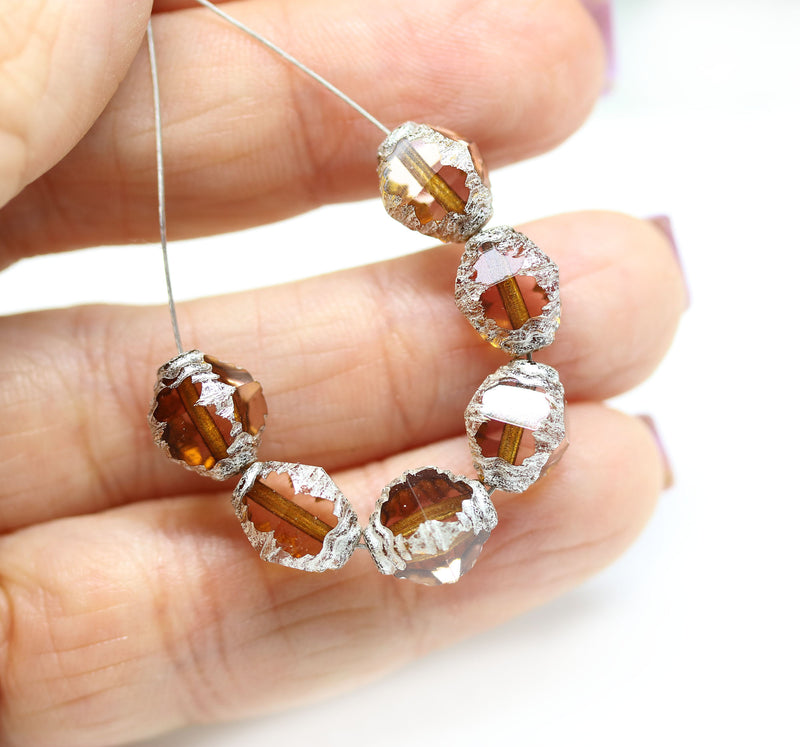 10x8mm Smokey topaz czech glass fire polished beads silver ends, 8Pc
