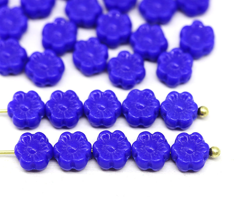 6mm Dark blue daisy flower czech glass beads, 30pc