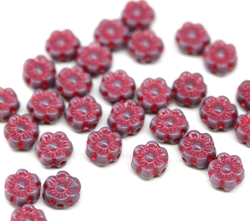6mm Violet purple daisy flower czech glass beads pink inlays, 30pc