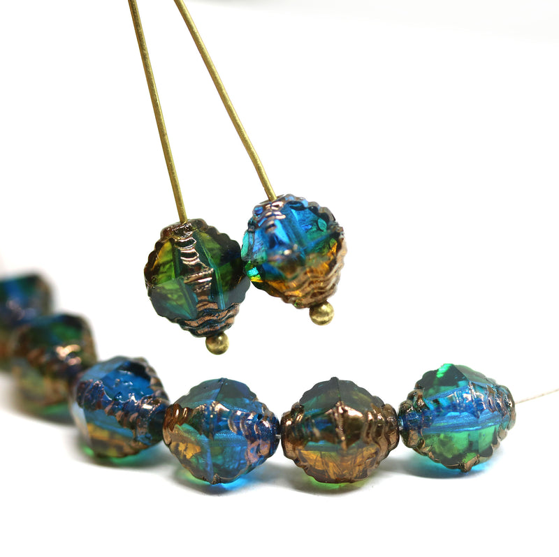 10x8mm Blue green yellow czech glass fire polished beads copper ends, 8Pc