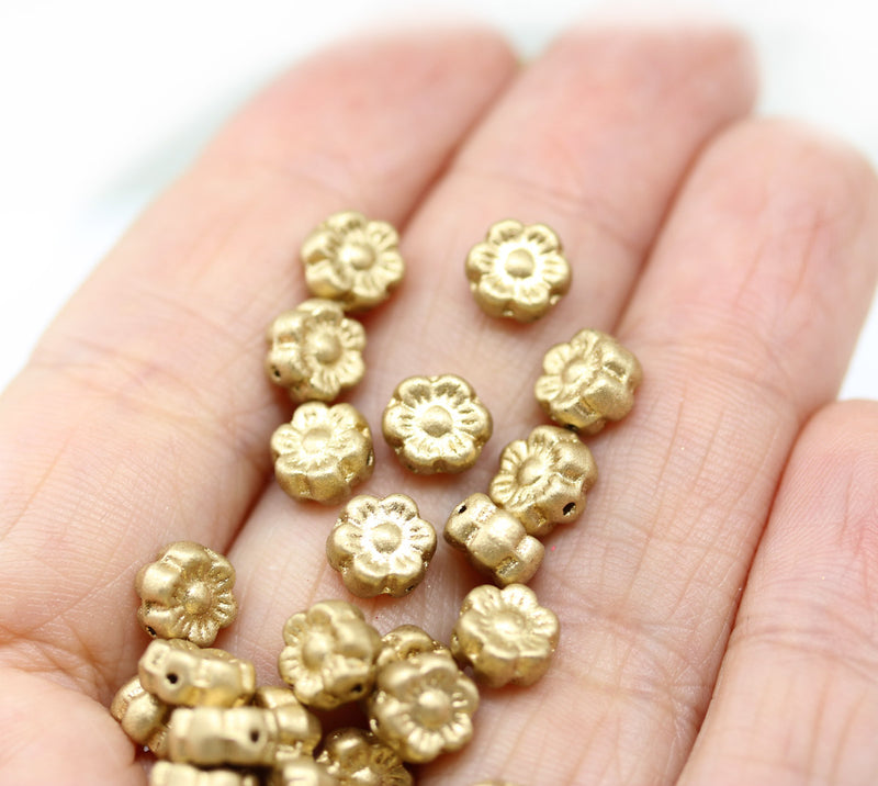 6mm Golden daisy flower czech glass beads, 30pc