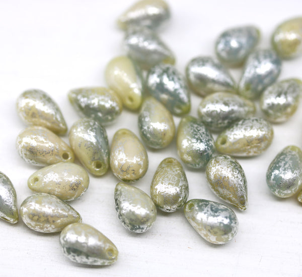 6x9mm Beige grey teardrop beads, silver wash