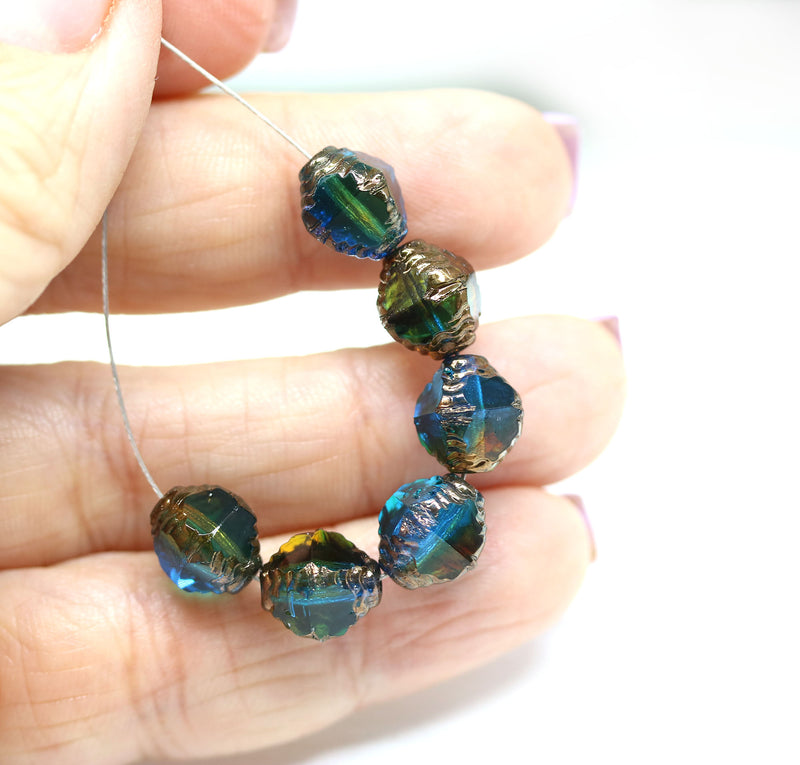 10x8mm Blue green yellow czech glass fire polished beads copper ends, 8Pc