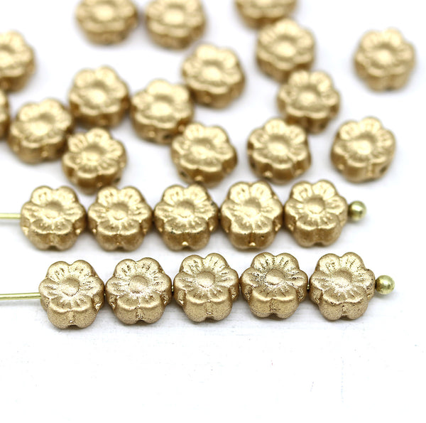 6mm Golden daisy flower czech glass beads, 30pc