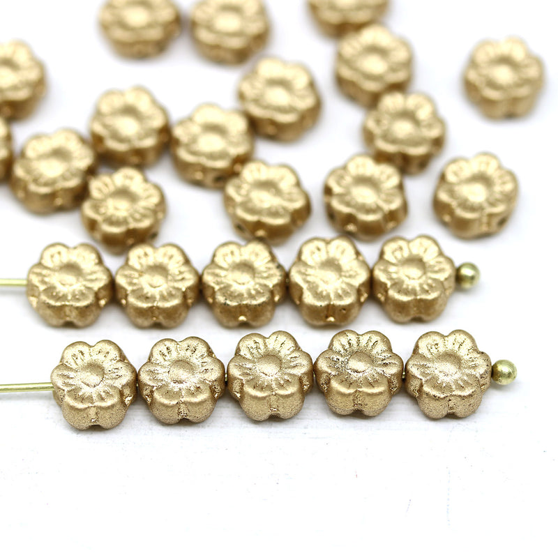 6mm Golden daisy flower czech glass beads, 30pc