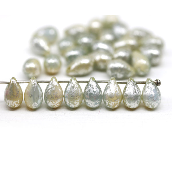 6x9mm Beige grey teardrop beads, silver wash