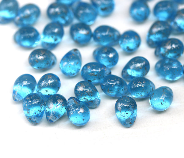 5x7mm Aqua blue silver wash teardrops pressed czech glass beads, 40pc