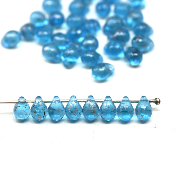 5x7mm Aqua blue silver wash teardrops pressed czech glass beads, 40pc